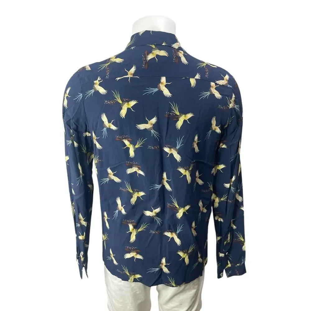 Zara Men's Blue Bird Graphic Long Sleeve Slim Fit Button Down Shirt Top Size S